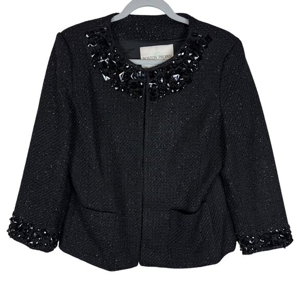 Boston Proper Blazer Jacket Women 12 Black Embellished Sequin Lined Wool Blend - Picture 1 of 12